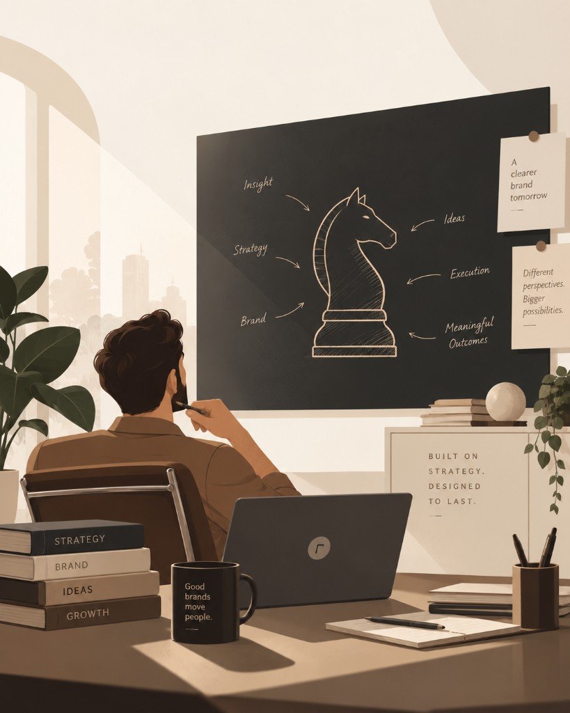 Strategist at a desk facing a board with a chess knight — insight, strategy, and brand converging into ideas, execution, and meaningful outcomes